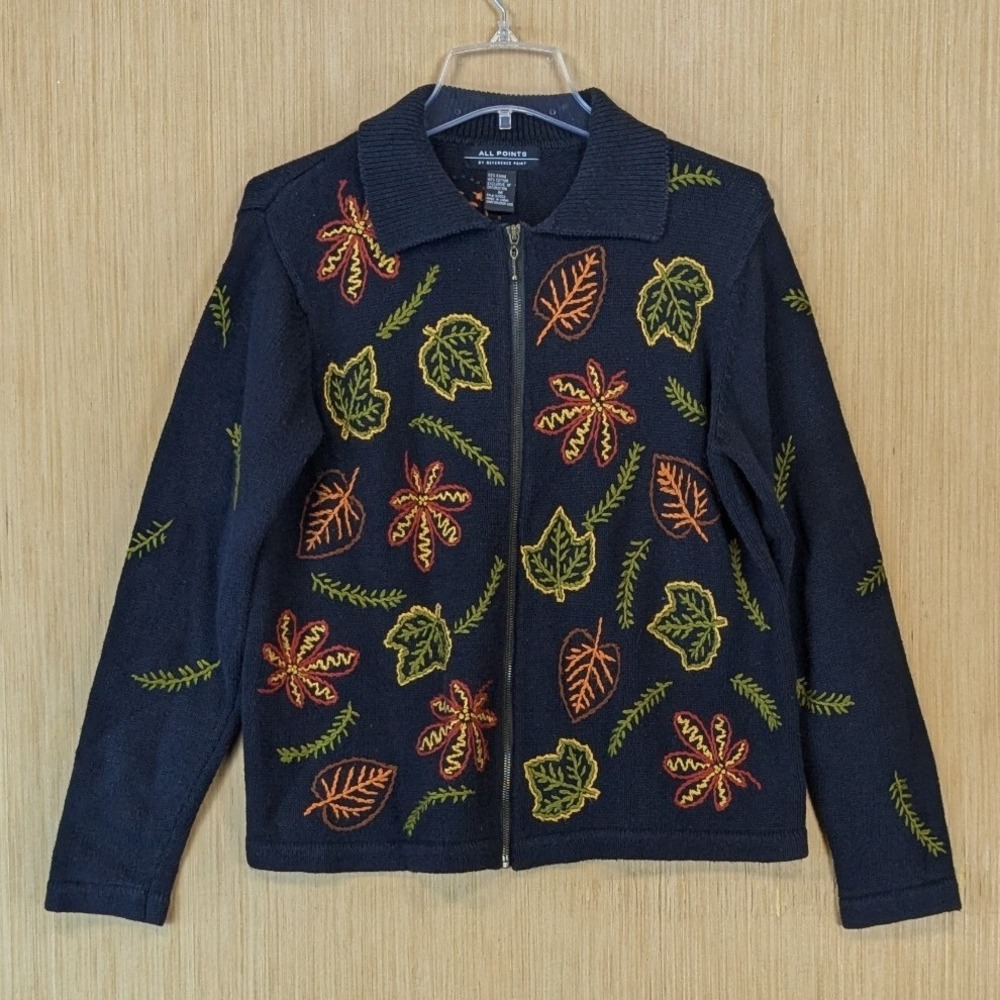 All Points Vintage 90s Teacher Fall Leaves Embroidered Cardigan Sweater Medium